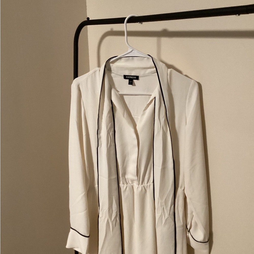 White Long Sleeve Blouse with Black Trim